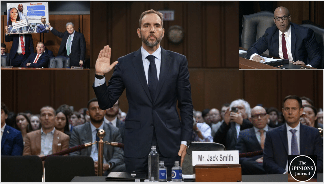 Jack Smith testifies before the Senate, flanked by images of Republican questioning and Cory Booker.
