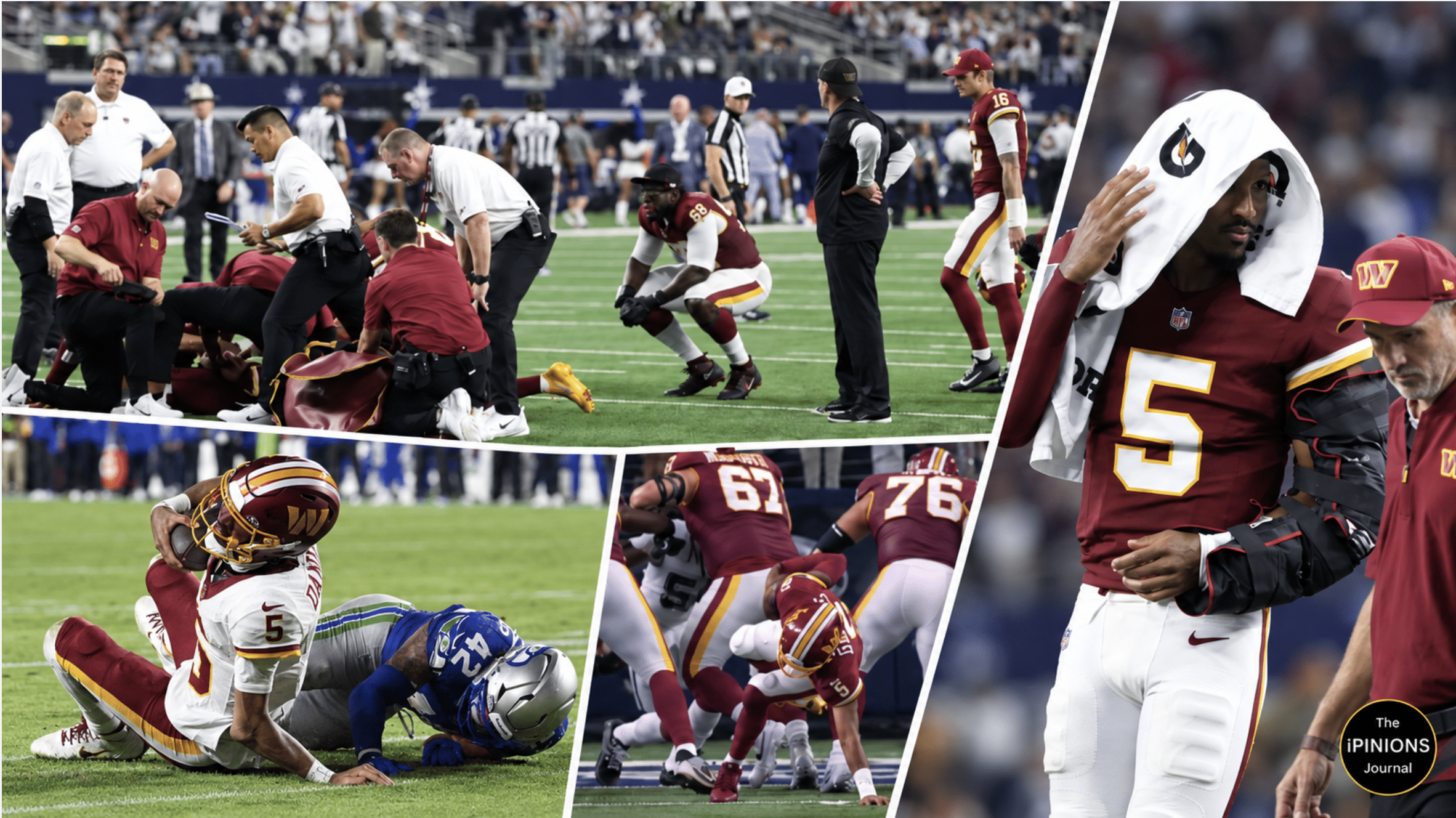 Collage of Jayden Daniels suffering injuries and leaving the field with his arm braced.