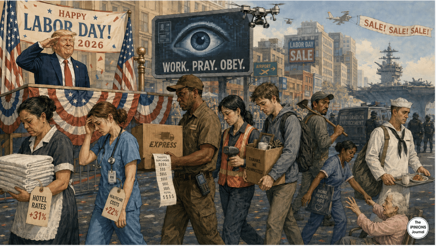 Trump salutes weary workers beneath a Labor Day 2026 banner as a surveillance eye declares “Work. Pray. Obey.”