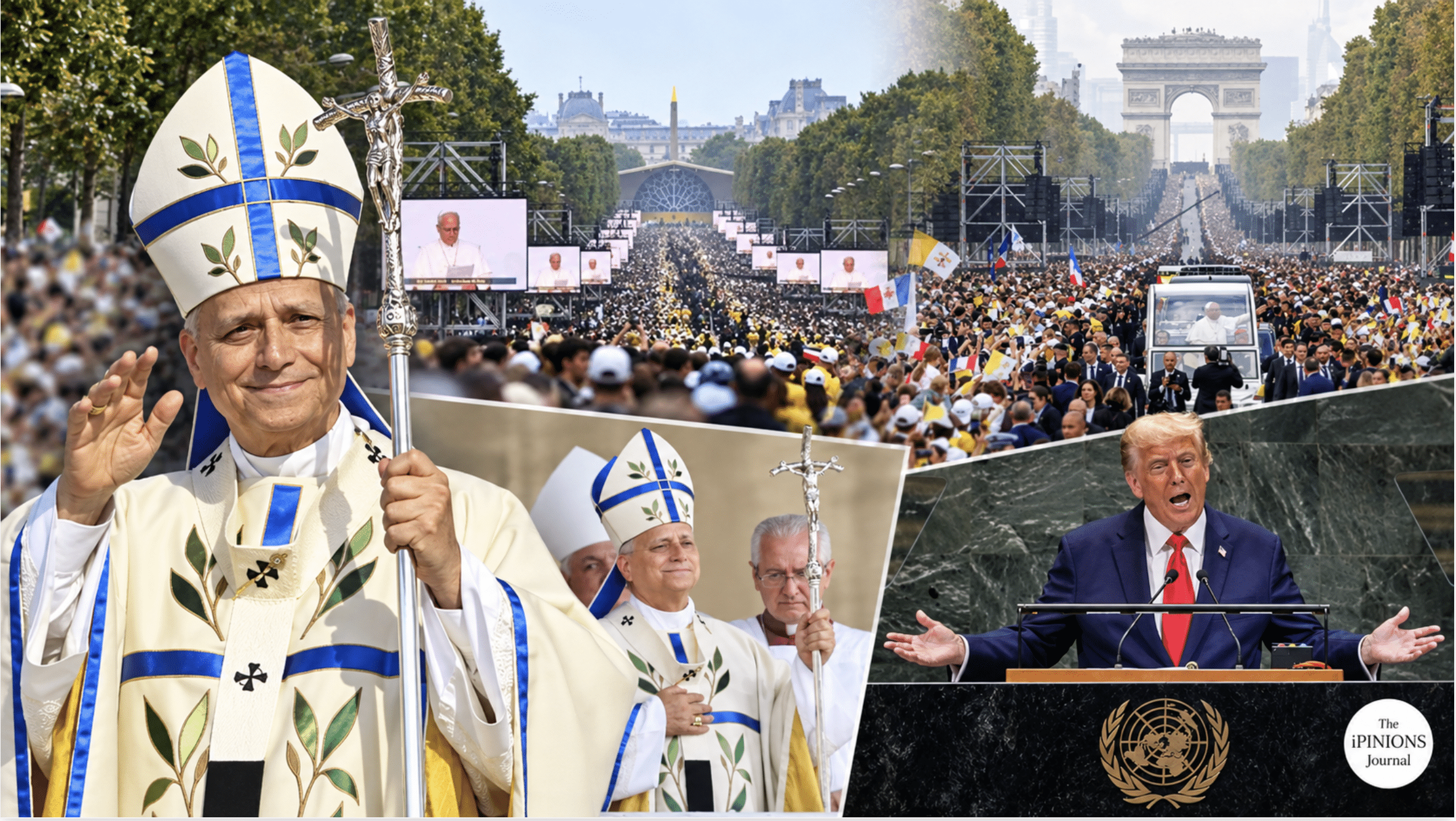Pope Leo before massive Paris crowds contrasted with Trump speaking at the United Nations.