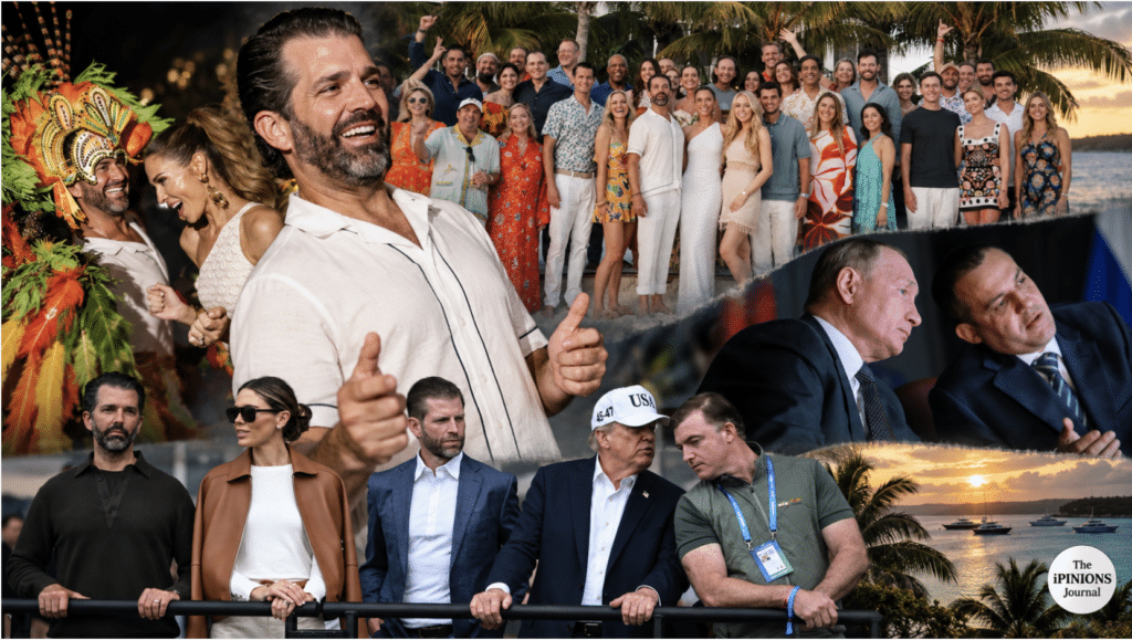 Editorial collage of Don Jr.’s Bahamas wedding, the Trump family, Vladimir Putin, and Umar Kremlev.
