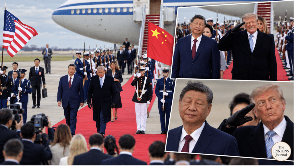 Trump and Xi Jinping walk a red carpet at Joint Base Andrews in an editorial collage.