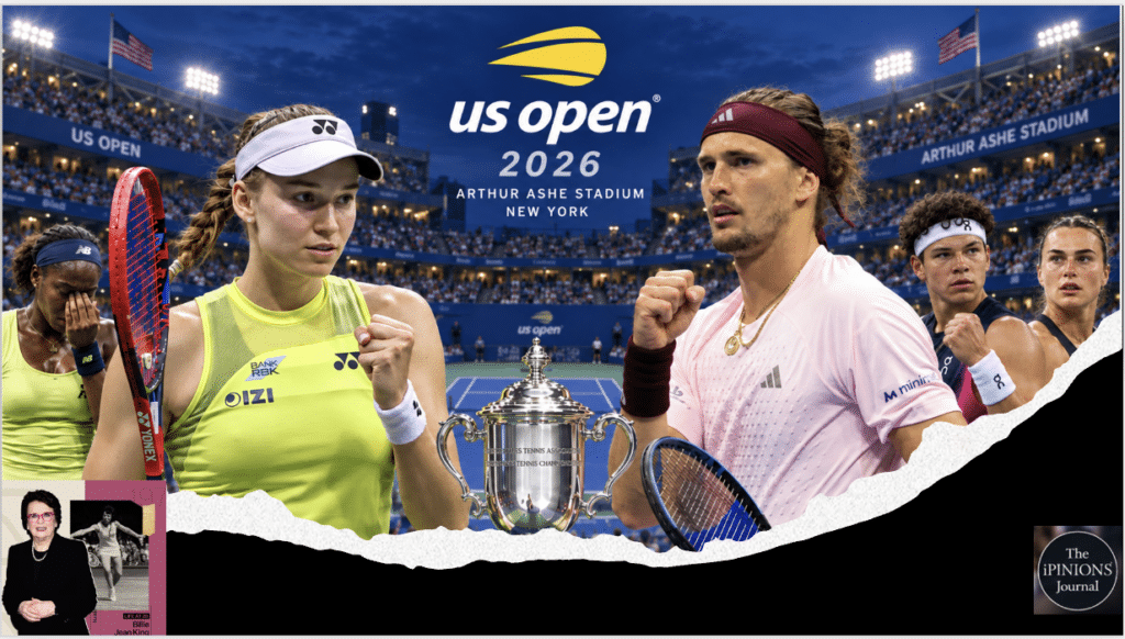 Elena Rybakina and Alexander Zverev flank the US Open trophy at Arthur Ashe Stadium.