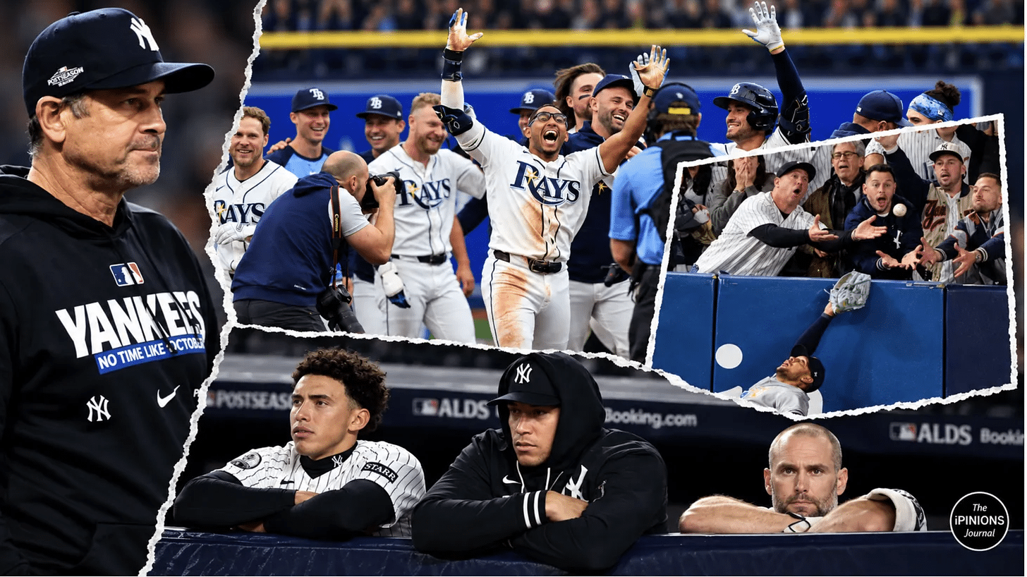 Aaron Boone looks toward celebrating Rays, stunned Yankees fans, and dejected Yankees players in a postseason collage.