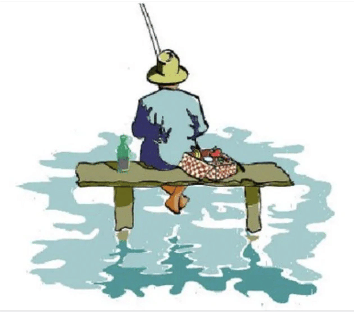 Cartoon of a lone fisherman sitting on a wooden dock, fishing rod in hand, with a picnic basket and bottle beside him, enjoying a peaceful escape.