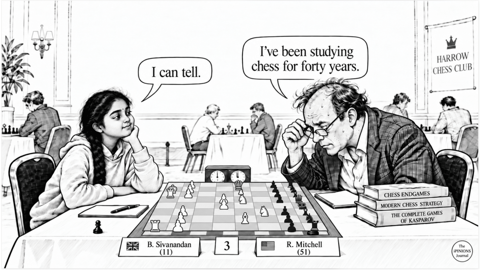 Cartoon of Bodhana Sivanandan calmly facing a flustered older chess opponent.