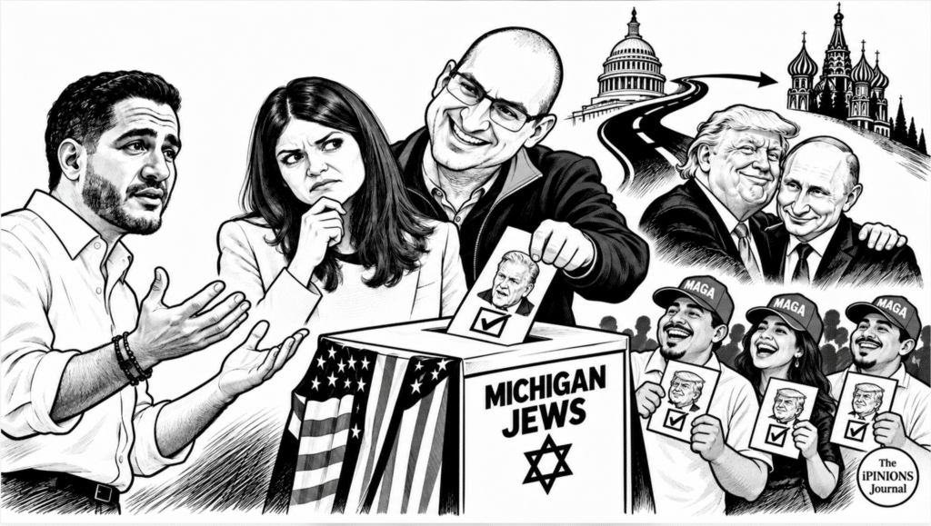 Black-and-white political cartoon featuring a Michigan ballot box, Mike Rogers, MAGA supporters, Trump, and Putin.