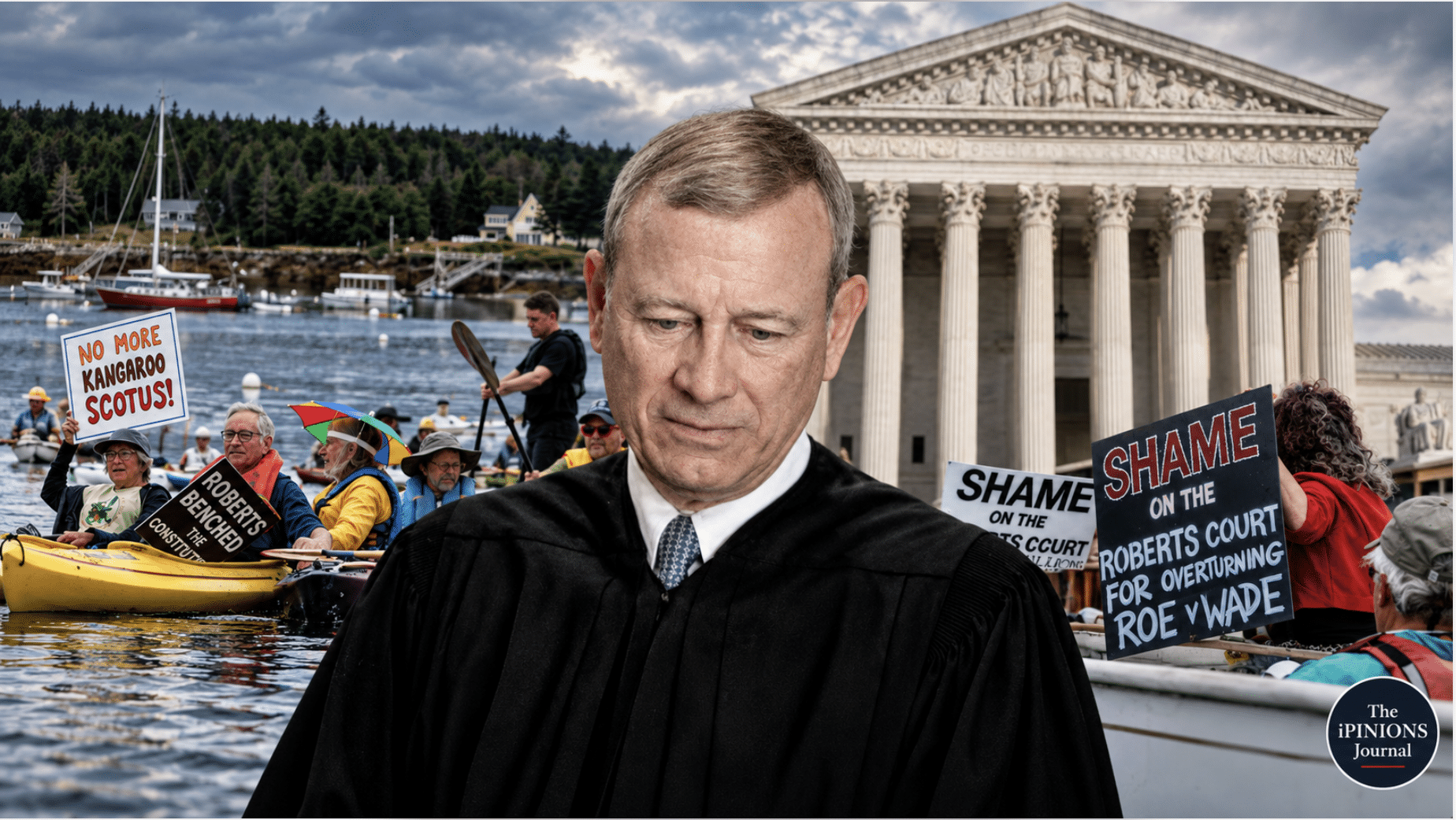 Chief Justice John Roberts framed by the Supreme Court and Maine kayak protesters holding signs criticizing the Roberts Court.