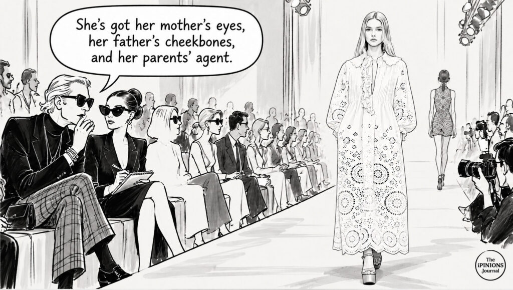 Black-and-white cartoon of Apple Martin on a fashion runway as a designer jokes about her famous parents and their agent.