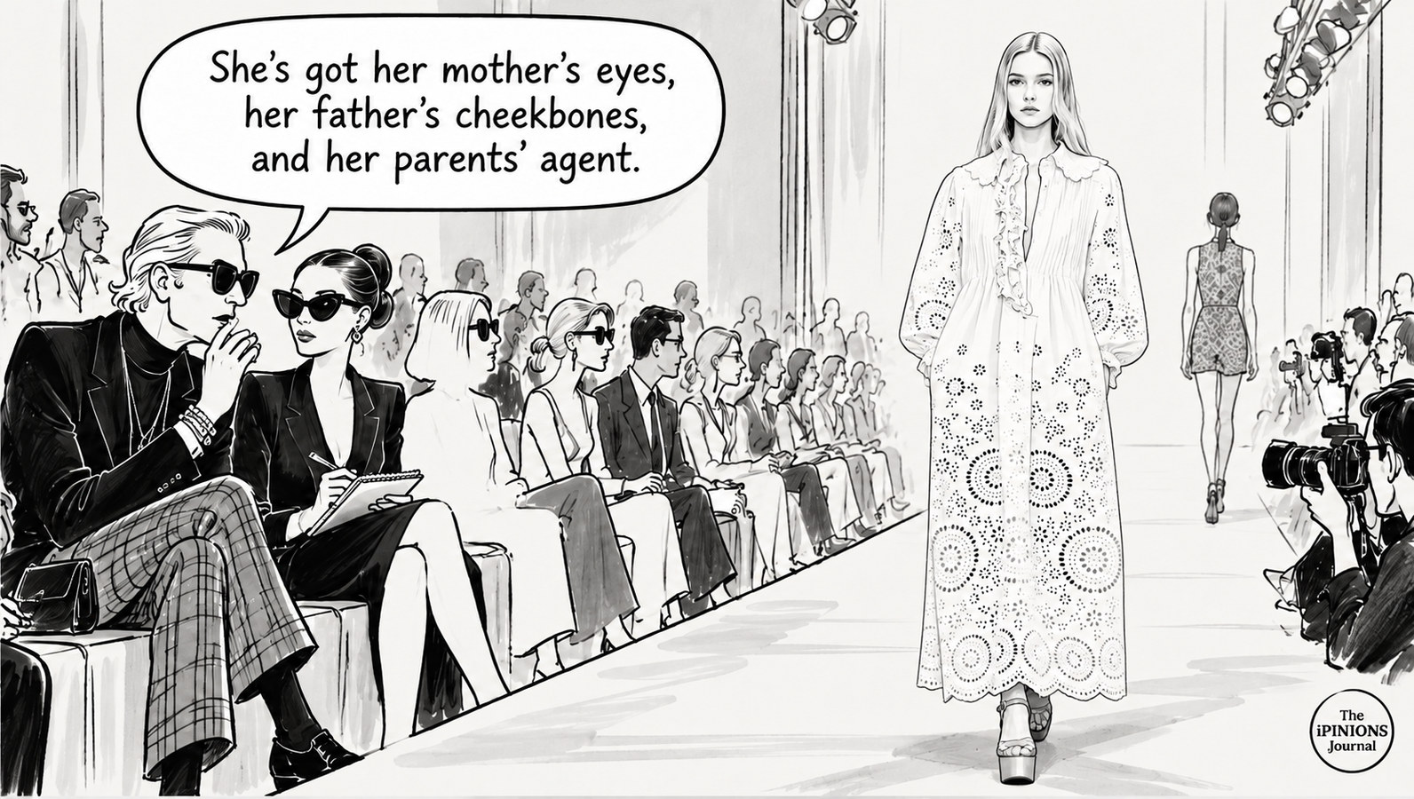 Black-and-white cartoon of Apple Martin on a fashion runway as a designer jokes about her famous parents and their agent.