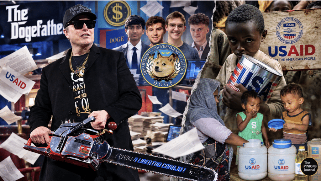 Editorial collage of Elon Musk wielding a chainsaw, DOGE operatives, and vulnerable children beside USAID food supplies.