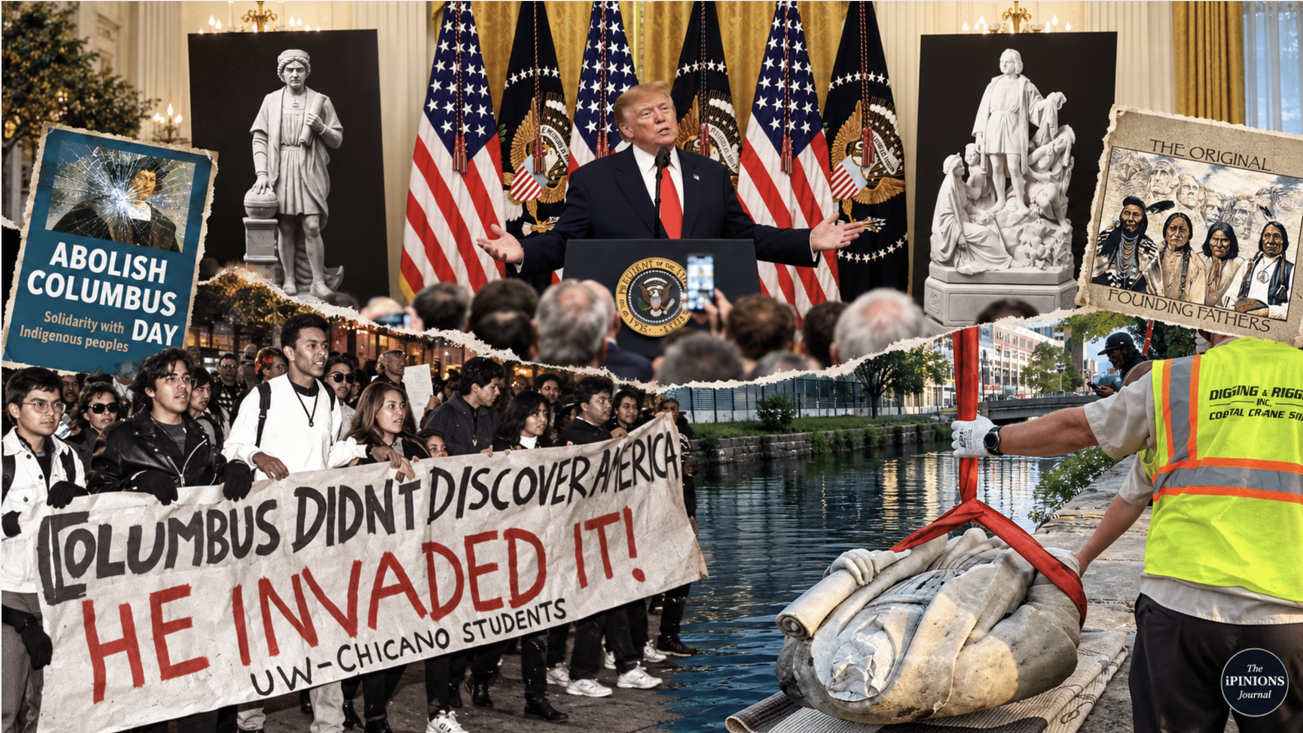 Editorial collage of Trump honoring Columbus at the White House, Indigenous rights protesters, and a toppled Columbus statue.