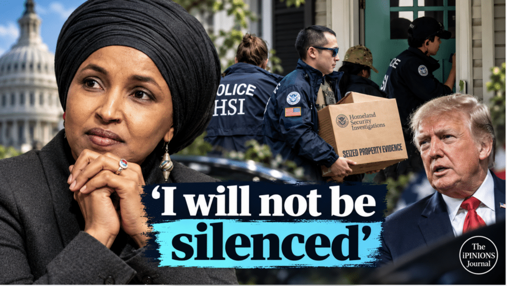 Editorial collage of Ilhan Omar, federal HSI agents, and Donald Trump with the quote “I will not be silenced.”