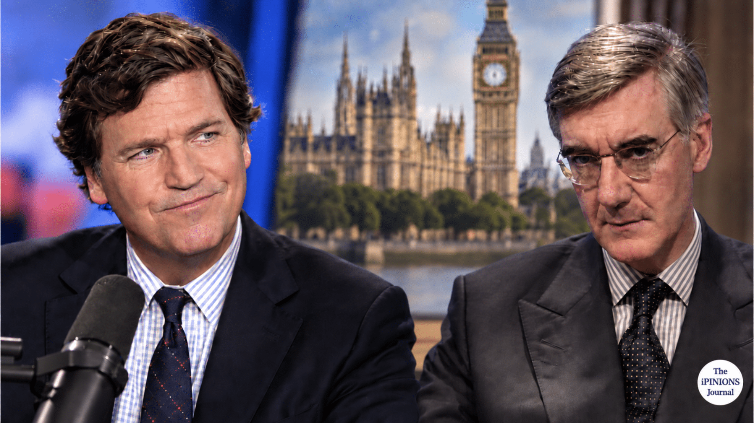 Tucker Carlson and Jacob Rees-Mogg in an interview-style collage with Westminster in the background.